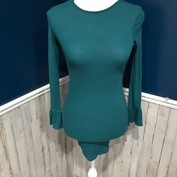 ASOS Teal Ribbed Bell Sleeve Body con Mini Dress - Picture 1 of 7